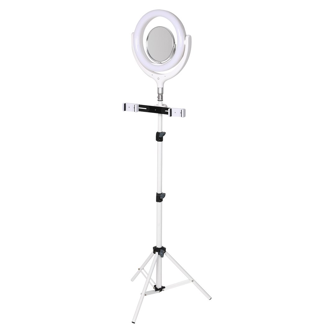 LED Ring Light with Tripod Stand and Phone Holder, showcasing adjustable brightness and color tones for perfect lighting.